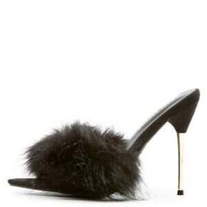 Fuji Furry Pointy Toe Slip On 4.5" Gold Tone Slim Heels Black Sz 6